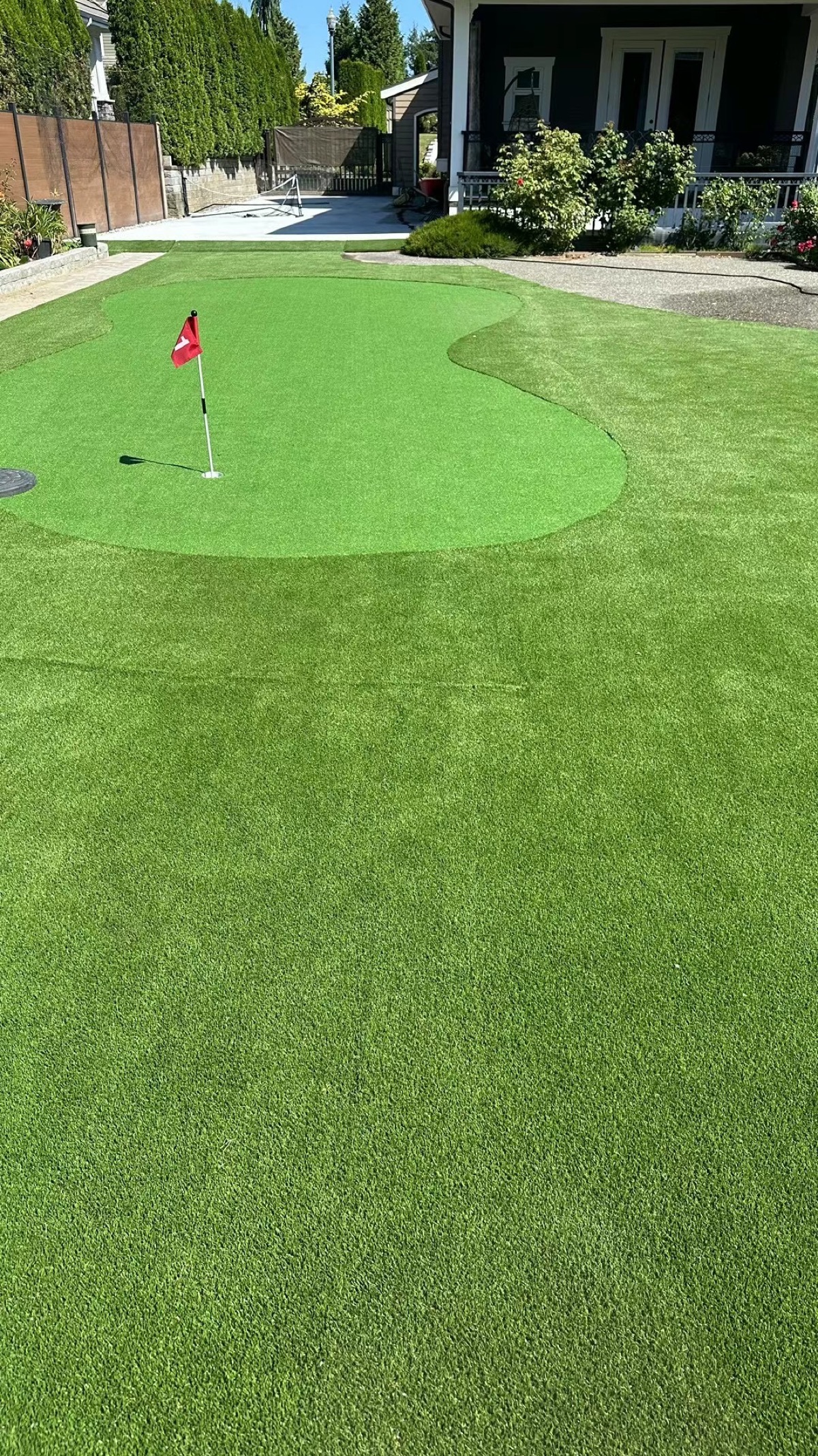 Backyard putting green with artificial turf