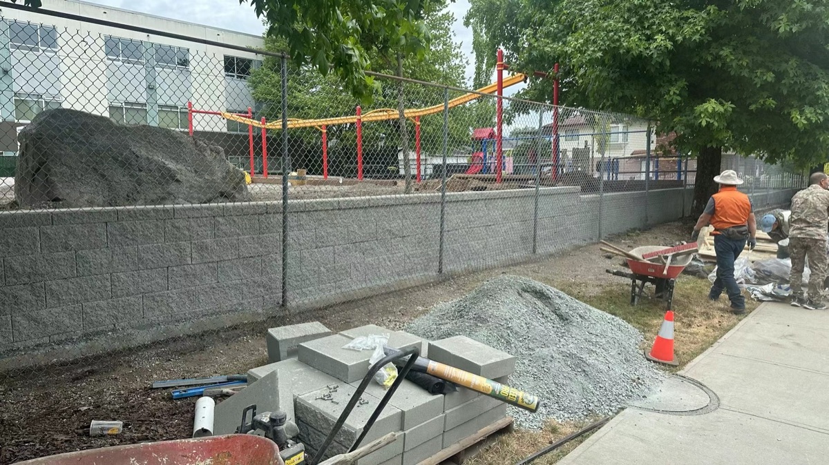 Block wall construction with workers on site